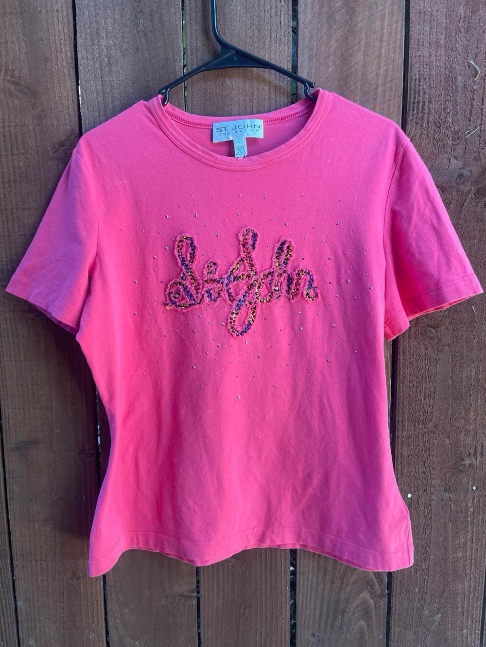 St. John Collection Pink Rhinestone Textured Print Cotton Casual Novelty Tee Lg